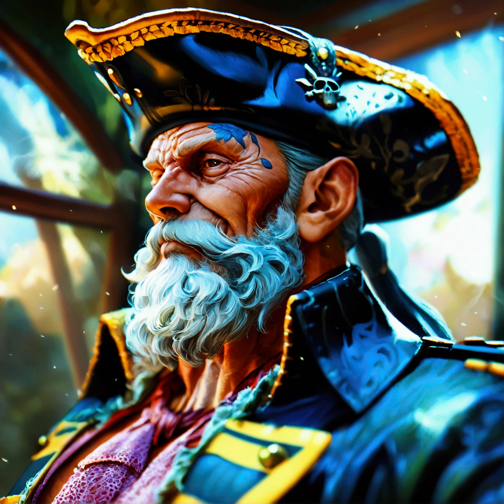 Old man,muscular and defined body,pirate captain outfit,"Anime design inspired by One Piece,dynamic angle,divine proportion,highly detailed,sharp focus,2D anime resolution clarity,HD anime graphics,intricately detailed,highly detailed,superior quality,high octane rendering,profile picture,16k,ultra hd --ar 48:85 --q 2 --niji 5"