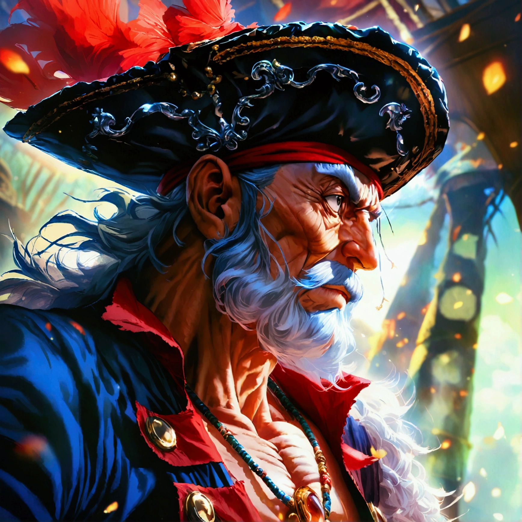 Old man,muscular and defined body,pirate captain outfit,"Anime design inspired by One Piece,dynamic angle,divine proportion,highly detailed,sharp focus,2D anime resolution clarity,HD anime graphics,intricately detailed,highly detailed,superior quality,high octane rendering,profile picture,16k,ultra hd --ar 48:85 --q 2 --niji 5"