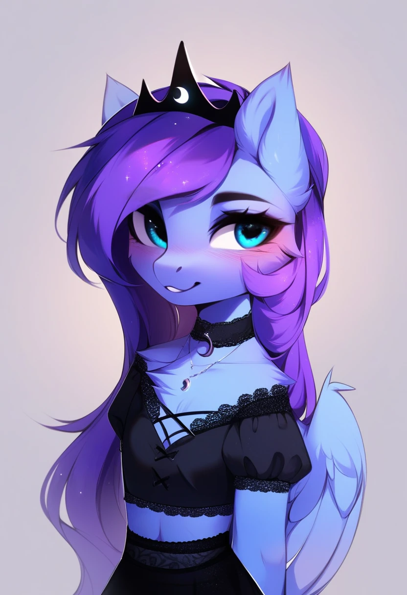 check_9, check_8_up, check_7_up, source_fluffy, rating_safe, from Magnaluna, Luna poses seductively in a gothic bedroom, antro, blushing, blue body, purple mane, black lingerie skirt