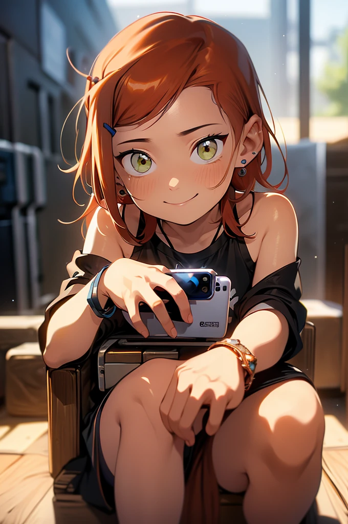 (masterpiece, best quality, ultra-detailed, highres, 4k),(beautiful detailed eyes),(very detailed face),(1girl),HDR,long hair, shorts, phone, brown eyes, brown hair, cellphone, bracelet, tank top, jewelry, watch, lips, solo focus, nail polish, blurry background, smile, wristwatch, realistic, blurry, looking at viewer