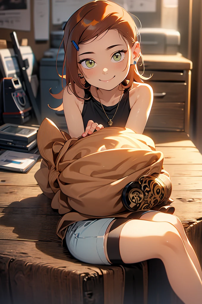 (masterpiece, best quality, ultra-detailed, highres, 4k),(beautiful detailed eyes),(very detailed face),(1girl),HDR,long hair, shorts, phone, brown eyes, brown hair, cellphone, bracelet, tank top, jewelry, watch, lips, solo focus, nail polish, blurry background, smile, wristwatch, realistic, blurry, looking at viewer