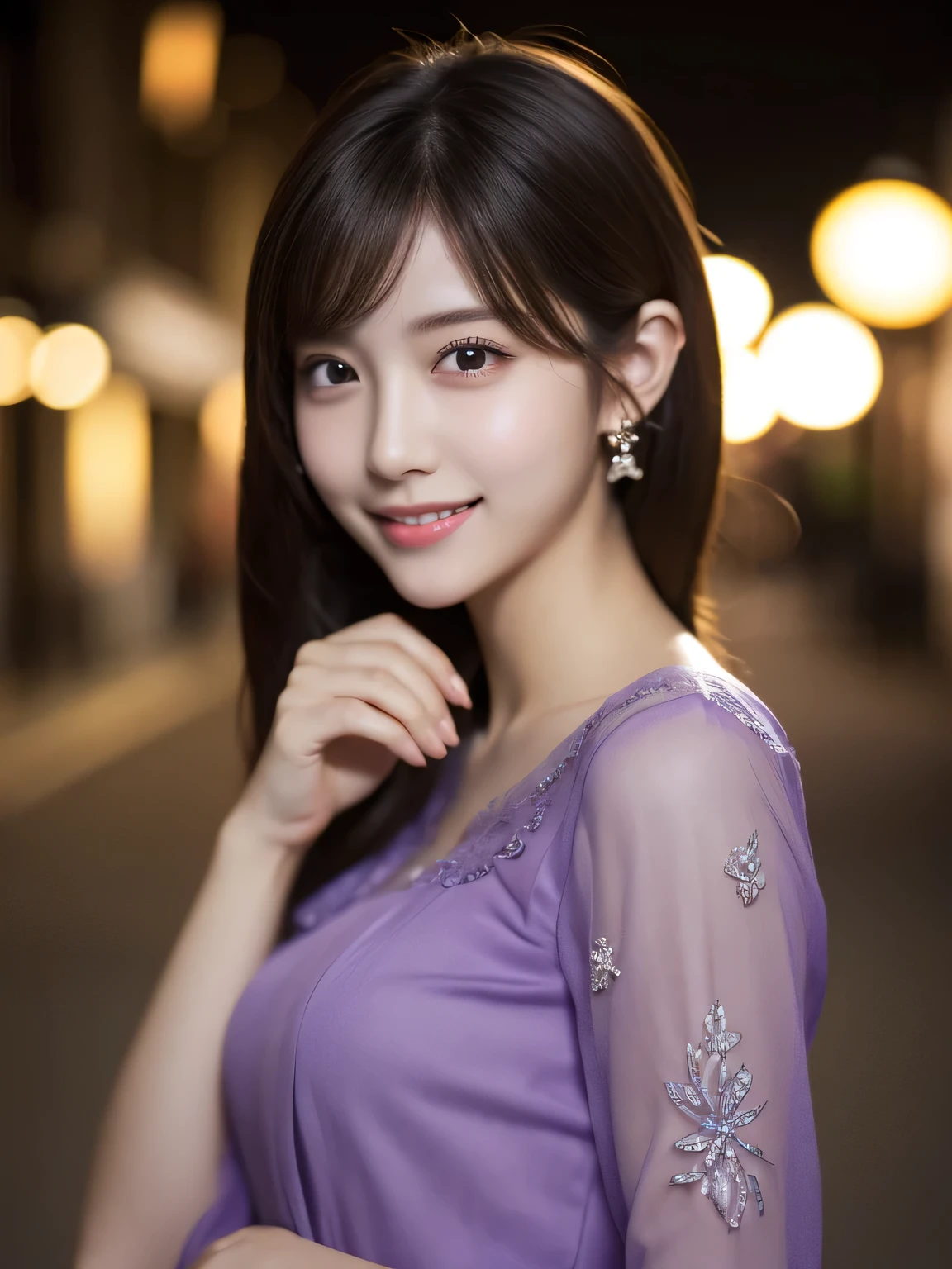 1girl in, (Wearing a purple blouse:1.2), (Raw photo, Best Quality), (Realistic, Photorealsitic:1.4), masterpiece, Extremely delicate and beautiful, Extremely detailed, 2k wallpaper, amazing, finely detail, the Extremely Detailed CG Unity 8K Wallpapers, Ultra-detailed, hight resolution, Soft light, Beautiful detailed girl, extremely detailed eye and face, beautiful detailed nose, Beautiful detailed eyes, Cinematic lighting, city light at night, Perfect Anatomy, Slender body, Smiling, Random body orientation,