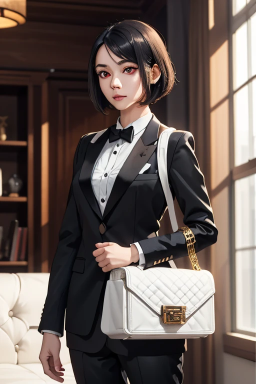 ((masterpiece, Highest quality)), ((Detailed CG integrated 8K people)), That Time I Got Reincarnated as a Slime, Characters, Diablo, Tuxedo, Short black hair with white mesh, White handbag, girl dressed as a man, Woman dressed as a man, 黒いTuxedo:1.8, Red eyes,