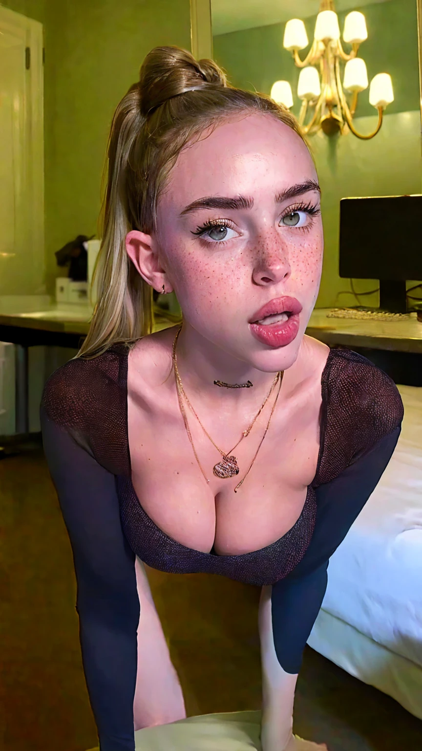 Portrait of (1girl) a beautiful 18-year-old petit , blonde hair with frosted tips, firm breargeous european, red lace bra, black miniskirt, waiting, ( private office, warm light: 1.2), sweat dripping, hot and sweaty, glistening skin, blush, wet shirt, upper body shot, intimate portrait, knees up, kneeling, shy smile, , , ultra detialed, ponytails hair, freckles, 1girl 18 year old girl, on the bed on her knees , selfie, solo, full body view, short hair, ponytails hair, unbuttoned blouse, big cleavage, hvage, looking a, brown eyes, jewelry, full body view, yoga shorts, necklace, lips, realistic, nose, flirting with camera, open mouth, oral invitation, strong make-up, wet breast, taking selfie in a , teenage bedroom, blowjob positione wants to have o, erotic photo, erotic atmosphere
