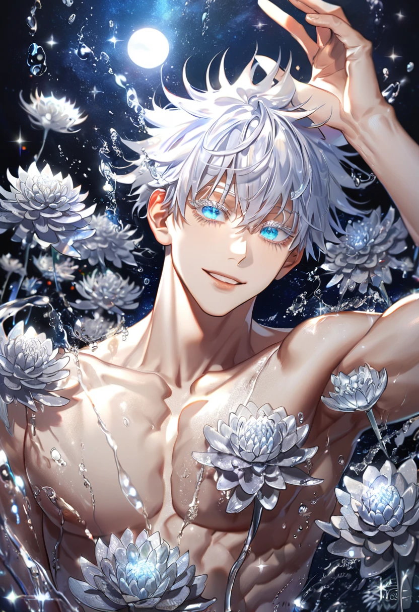 absurdres, highres, ultra detailed, HDR, master piece, best quality, extremely detailed, Gojou Satoru, white hair, expressive blue eyes, white eyelashes, Jujutsu Kaisen, solo, sexy man, handsome, smile, sensual, toned chest, bare chest, fantasy, water, sparkling, silver glittering fireflies, silver moon, silver blossoms, silver chrysanthemums, silver sparkling lights, starry sky, magical