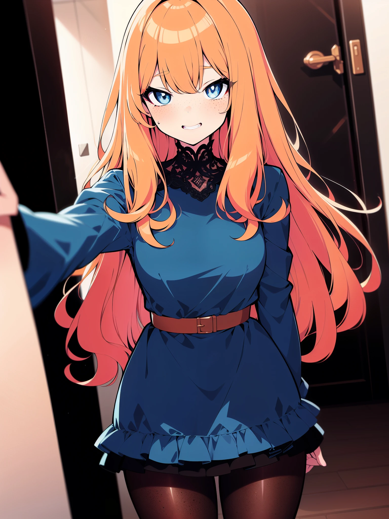 selfie, colorful, (best quality, ultra-high resolution, depth of field:1.2), 1woman, light orange hair, straight hair, dark blue eyes, freckles, medium breasts, intricate dress, frills, pantyhose, apartment entrance, grin, blushing, nervous