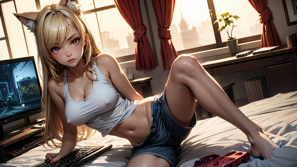 Create a high-quality image of a stunning 18-year-old wolf girl with tan skin. She has long blonde hair and captivating red eyes, wearing a see-through blue tank top that shows her midriff barely covers her nipples and tight sleep shorts. She is sitting on the edge of her bed in a dimly lit, gaming bedroom with the window open, letting in a gentle night breeze. Her posture is alluring, with one leg bent up and the other stretched out, facing the camera seductively. The room is decorated with modern nerdy items, showcasing her love for video games and anime, including a high-end gaming PC, sleek gaming desk, ergonomic gaming chair, and the latest gaming console, as well as stylish anime posters and figurines. The overall ambiance is cozy and intimate, with intricate details enhancing the high-quality visual artistry.