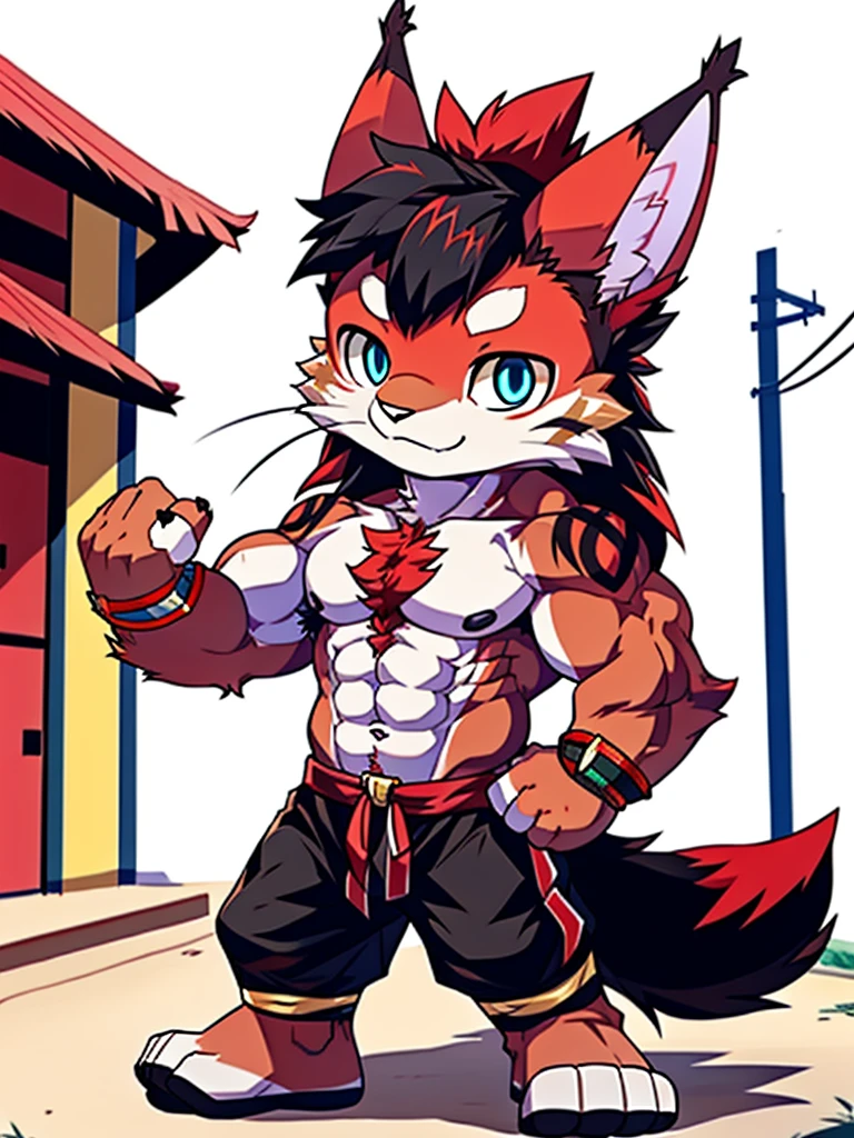 Best quality, Young, Chibi, 15 year old, Furry, Solo, Male black lynx cat: 1.5, (black fur), (black fur), black fur, blue eyes, red chest hair, black long hair, black mane, red hair, red armpit hair, red whiskers, Humanoid hands, Muscular body, Strong Abs, Strong Chest, Strong Biceps, Wearing Red Muay Thai Style Clothes, Topless, Chibi, Standing in the street of Thailand, Red Mohawk hair, Detailed black fur, Detailed cloths, Thailand.