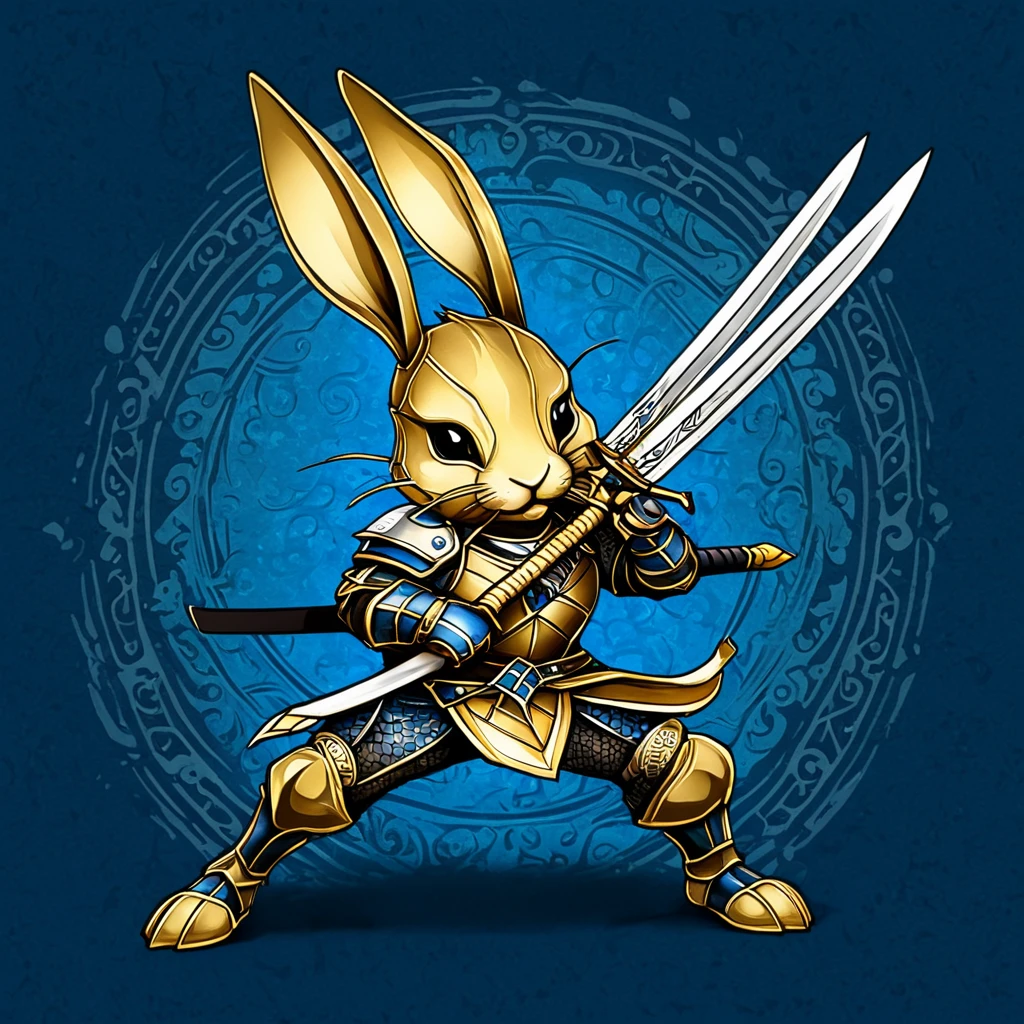 「strength『Scorpio Rabbit』のstrength章を作成してください。strength章には以下の要素が含まれることを希望します：
- A rabbit base with a touch of scorpion element - (Cute deformed design:1.6)
- Incorporating some elements of crossed swords and shields - Simple design - Blue and gold tones in the background symbolize determination and unity in the fight」