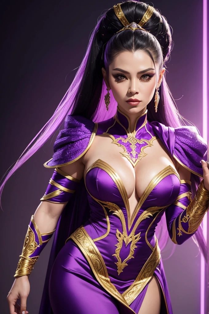 Sindel from Mortal Kombat wearing a majestic purple dress, with golden details and embroidery. The suit accentuates my beauty while exuding elegance and power.