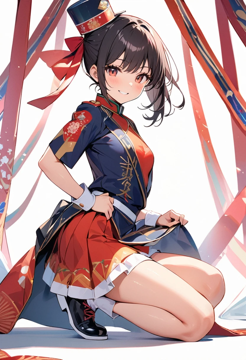 (masterpiece:1.2),Highest quality,Pixiv ,One girl,alone,View your viewers,smile,White background only,whole body,From the side,One knee,,Look to the side、white background only,One girl, Sun Festival, uniform, Mini Shako Cap, Hisaishi, Hair Ribbon, smile, Small breasts,No background