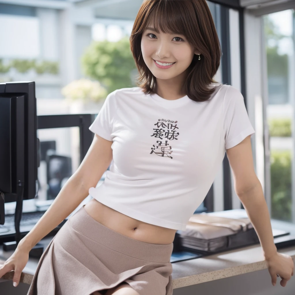 masutepiece, Best Quality, Photorealsitic, finely detail, hight resolution,beautiful japanese woman,beautiful detailed eyes, beautiful detailed lips, extremely detailed face, small head, small areola, cinematic lighting, photorealistic, 8k, high quality, hyper detailed, look at me,smile,(t-shirt:1.4),(office),(medium breasts:1.2),(inoueseika),slender,beautifull legs,(sexy posing:1.2), (bokeh:1.3), (upper body),(mini skirt), (underboob:1.4),(tight fit),(nipples stand:1.2)