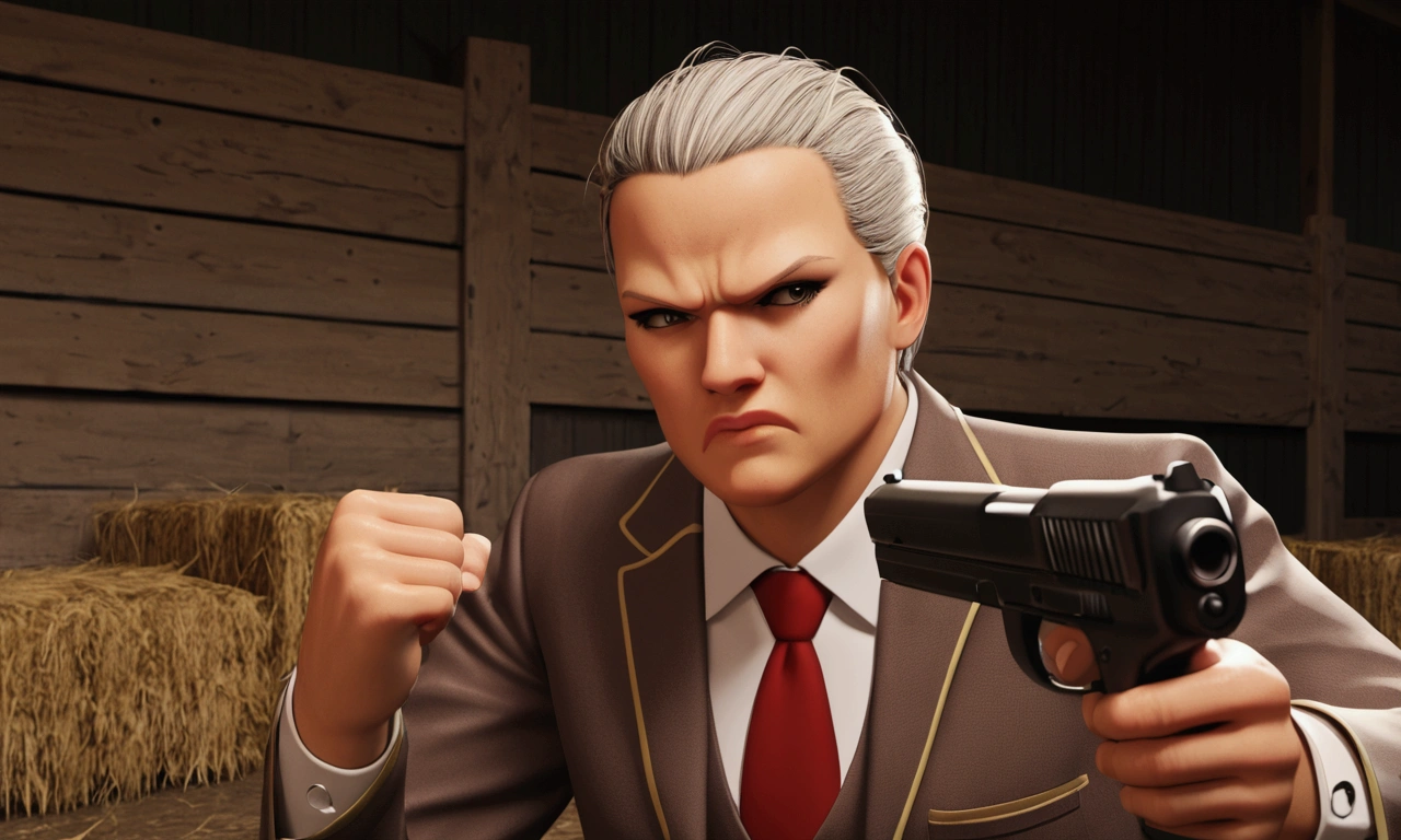 an angry hen with a pistol in her hand, hen has human-style hand but they are look like then hen skin, the environment is a farm, enemies are surrounded the hen, enemies are hens and cats.