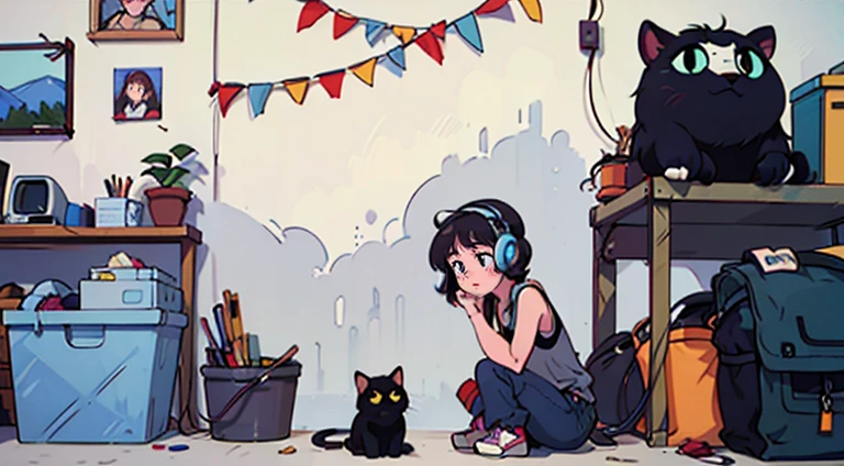 Anime style girl with short hair, Wavy hair and large expressive eyes, Wearing casual clothes and red headphones. She was in a cluttered garage.、Sitting in front of a vintage blue Porsche 911。. There are neon lights in the garage, colorful poster, Various tools are scattered around. A black cat is sitting next to her, It exudes a nostalgic 80's city pop vibe..