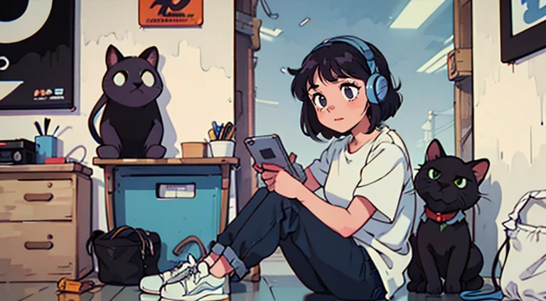 Anime style girl with short hair, Wavy hair and large expressive eyes, Wearing casual clothes and red headphones. She was in a cluttered garage.、Sitting in front of a vintage blue Porsche 911。. There are neon lights in the garage, colorful poster, Various tools are scattered around. A black cat is sitting next to her, It exudes a nostalgic 80's city pop vibe..