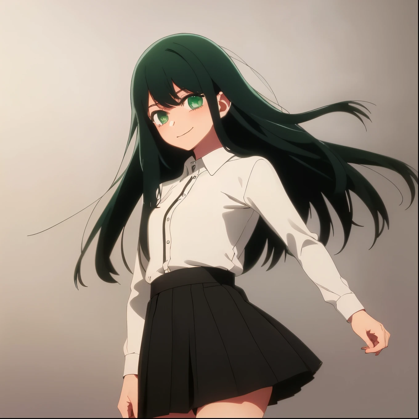 ((masterpiece, best quality)), (1girl), (solo), (female focus), (dark green hair, long hair), (green eyes), light smile, closed mouth, ((white shirt), (buttoned shirt), ((black skirt), (short skirt)), standing, white background, dynamic angle, 25 year old woman