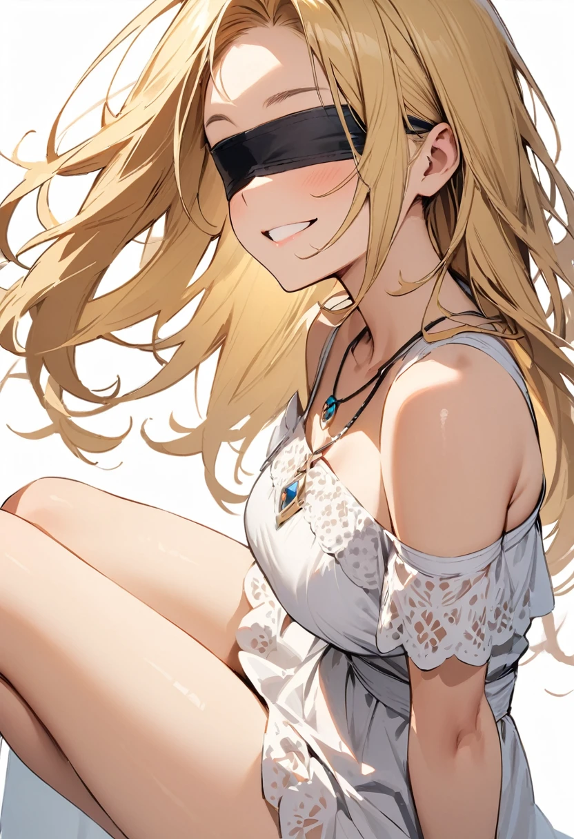 (masterpiece:1.2),Highest quality,Pixiv ,One girl,alone,View your viewers,smile,White background only,whole body,From the side,One knee,,Look to the side、white background only,One girl,Maiden of the Sword, Maiden of the Sword, Long Hair, Blonde, Blindfold, (black Blindfold:1.2), necklace, White Dress, Sandals,Thighs ,White lace panties,No background
