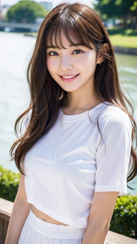 (8k、Highest quality、masterpiece、Ultra-high resolution、High resolution face:1.3)、Portrait、(20-year-old girl:1.3)、Bokeh Depth of Field、frontage、 The smile of a genius、Ultra-detailed、Ultra-high resolution、(Realistic、Realistic photos:1.37)、High-resolution RAW color photos、Professional photography、hVery detailed and beautiful、Very detailed、8k画像壁紙、Incredibly detailed、Large file size、Official Art、HVery detailed CG Unity 8k wallpapers、hVery detailed beautiful girl、Very detailed顔、Very detailed目、Very detailed皮膚、Very detailed指、hVery detailed nose、Very detailed詳細な口、Perfect Anatomy、HVery detailed clothing、1 girl、(18:1.2)、、cute、Famous Japanese Idols、cute、Realistic body、、White skin、Glowing Skin、The body is slim、Handsome body、Brown haired、(Blunt bangs:1.2)、Classic wavy long hair、 (Hmph:1.3),Laughter、cute、Zola々right、cute faces、A vivid face、Delicate eyes、Source Order、White T-shirt、Skirt、Looking into the camera、Cowboy Shot、Along the River、Positive、Contrapo、public