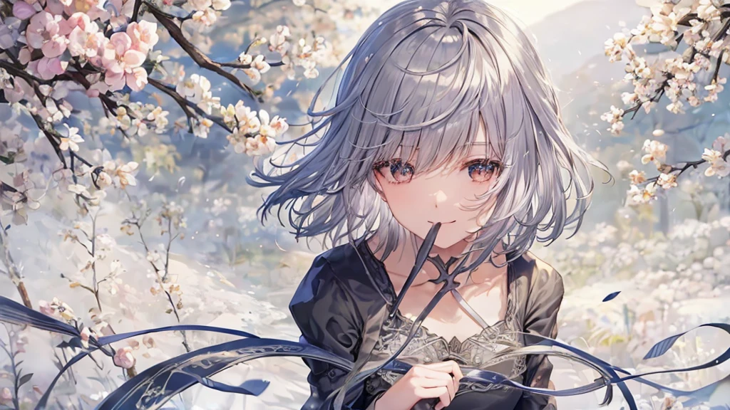 Ultra HD,Look at the viewers, Put your hands behind your back, With a girl, 20-year-old, 非常にShort Hair, Long bangs between the eyes, Pale blue eyes, Very detailed,(masterpiece、Highest quality),Gray Hair、Laughter、Fantastic, Silver Hair, Iris, Short hair、 Fluttering Hair、Small Face、明るいsmile、(Detailed face) ,Professional Lighting,Wonderful landscape,blue sky, sunlight,Looking down from above,Portraiture、Open your mouth、Flower Field、Her eyes were shining、Mysterious and enchanting atmosphere。With AI Painting、とてもShort Hair, Long bangs between the eyes, Very detailed,(masterpiece、Highest quality)、alone、Gray Hair、Fantasy, Silver Hair, Fantasyな風景、smile、Open your mouth、short hair、Short Hair、hairpin、black eye、Grey Eyes、Beautiful Eyes、Black Shirt、White hoodie