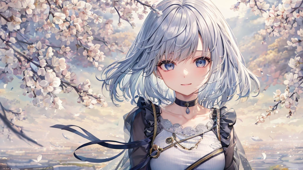 Ultra HD,Look at the viewers, Put your hands behind your back, With a girl, 20-year-old, 非常にShort Hair, Long bangs between the eyes, Pale blue eyes, Very detailed,(masterpiece、Highest quality),Gray Hair、Laughter、Fantastic, Silver Hair, Iris, Short hair、 Fluttering Hair、Small Face、明るいsmile、(Detailed face) ,Professional Lighting,Wonderful landscape,blue sky, sunlight,Looking down from above,Portraiture、Open your mouth、Flower Field、Her eyes were shining、Mysterious and enchanting atmosphere。With AI Painting、とてもShort Hair, Long bangs between the eyes, Very detailed,(masterpiece、Highest quality)、alone、Gray Hair、Fantasy, Silver Hair, Fantasyな風景、smile、Open your mouth、short hair、Short Hair、hairpin、black eye、Grey Eyes、Beautiful Eyes、Black Shirt、White hoodie