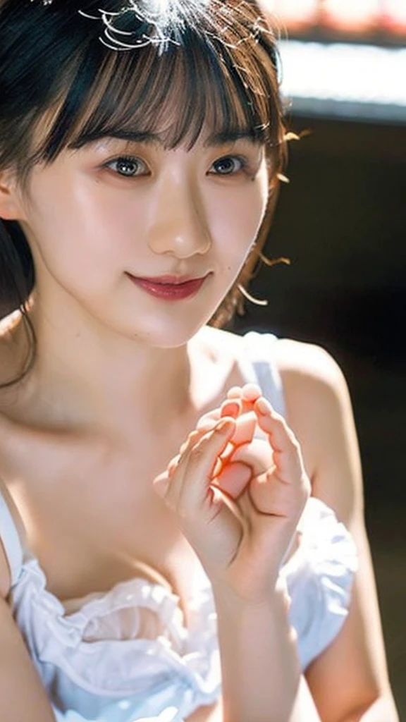 masterpiece、highest quality、official art、Highly detailed CG Unity 8k wallpaper、like 、very delicate and beautiful、超A high resolution、（Photoreal：1.4）、golden hour lighting、（Upper body）、（platinum hair：0.8）、（puffy eyes）、looking at the viewer、facing there、laughter、、、short black hair、White microbikini、See-through、wan wan style、return, Cleavage, Big Breasts, Beautiful abs, 