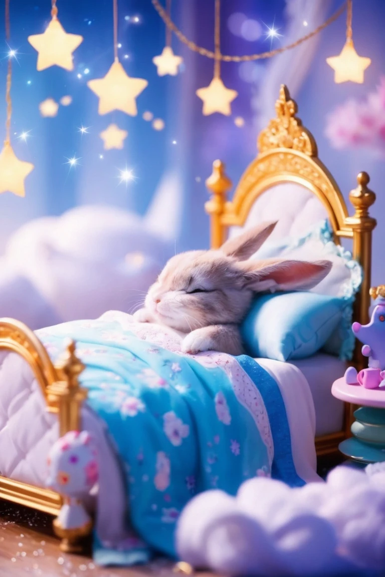There&#39;s a rabbit on the bed、There is a cake on the table, A dreamlike night, So magical and dreamy, Dreamy details, Sleeping Princess!!!!, Sweet dreams, Dreamy scene, sleeping beauty fairytale, Lying in the fairyland of white clouds, Dreamy illustration, Cute 3D rendering, Cute and detailed digital art, Dreamy Art, sleeping beauty, ✨🕌🌙, Dreamy atmosphere