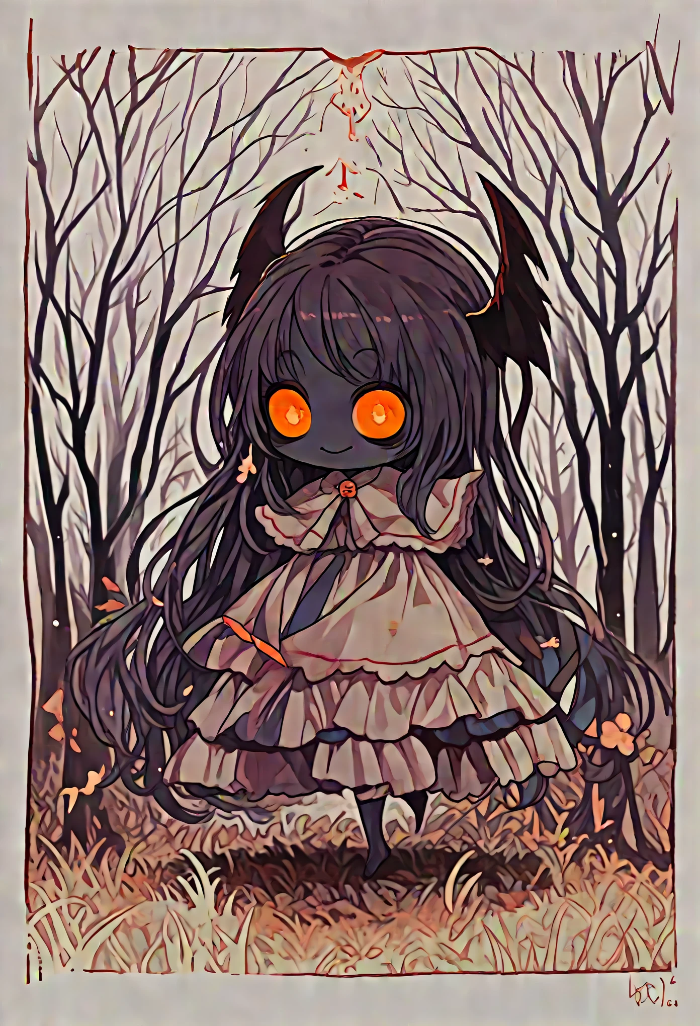score_9, score_8_up, score_7_up, score_6_up, score_5_up, score_4_up, cute horror fantasy, disney-style horror effects,picture-book style,children-book style, BREAK ,solo,1girl\((devil:1.6),cute,(dancing:1.4),evil smile,pure black skin,bags under eyes,long eyebrow,big eyes,chibi,long nail,orange eyes,hair,(looking down herself:1.3),wearing capelet\((very big:1.5),(very long:1.3),(traditional_patterned:1.2)\)\), BREAK ,background\(music notes, (dead trees:1.3), in the forest,shadow_pappet\(bat,doll,crow\)\),(long shot),(wide shot),(dynamic angle),full body