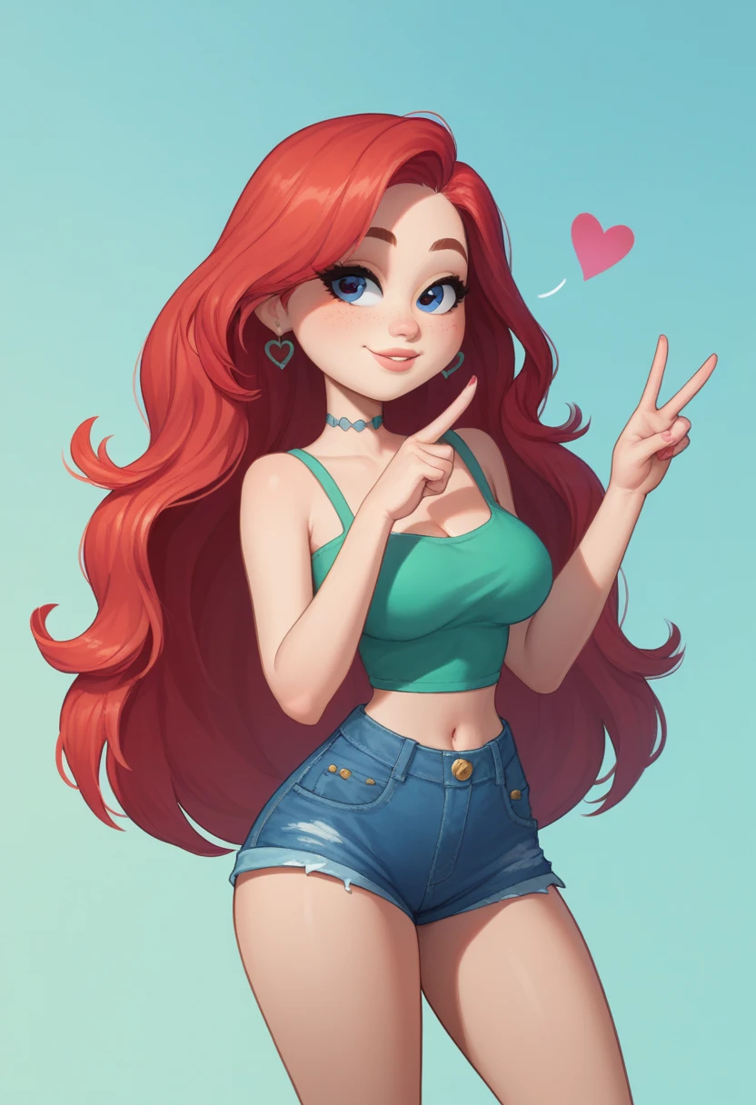 Chelsea, 1 girl, standing alone, jewerly, long hair, Red hair, aretes, ssmile, heart sign, looking ahead at viewer, eyes black, green regatta, tight denim shorts, ((whole body)), coxas nuas, curves, nice legs, 正面, pose, best qualityer, no flaws