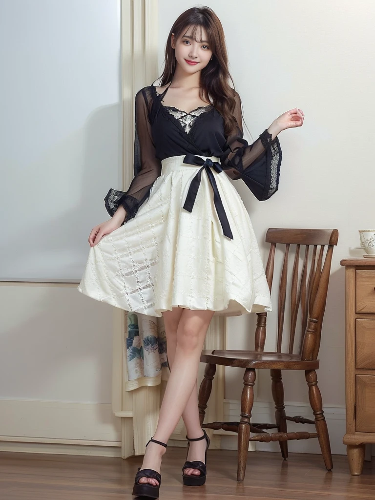 Photo-realistic quality、A 20-year-old Japanese idol woman taking a photo wearing a black and white dress, Black lace tops、Ivory checked skirt、 Narrow waist, Full body photo, Overall view, full - length view, Full body image, Detailed Images, Checked skirt, Wide skirt, high waist white skirt, Romantic Dress, Frock, Wearing long, loose clothing、looking at the camera、Detailed and beautiful eyes、Cute smile、Relaxed and gentle expression