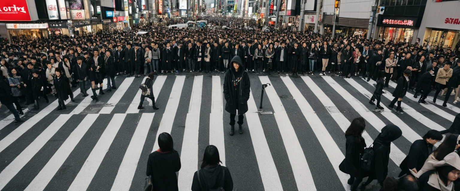 Extremely high angle shot, Professional Model, Standard height, (Ratio of people to people 1:1) Stand in the center of a crosswalk inspired by the chaos of Shibuya, Staring into the camera, Wearing a black washed safari long jacket and a black hoodie, Black overalls, Dark gray boots, People wearing clothes of various colors, Crowded street realistic photo
