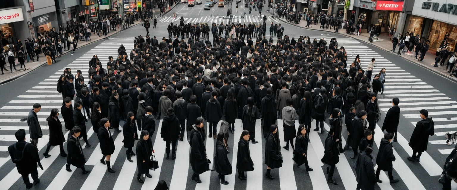 Extremely high angle shot, Professional Model, Standard height, (Ratio of people to people 1:1) Stand in the center of a crosswalk inspired by the chaos of Shibuya, Staring into the camera, Wearing a black washed safari long jacket and a black hoodie, Black overalls, Dark gray boots, People wearing clothes of various colors, Crowded street realistic photo