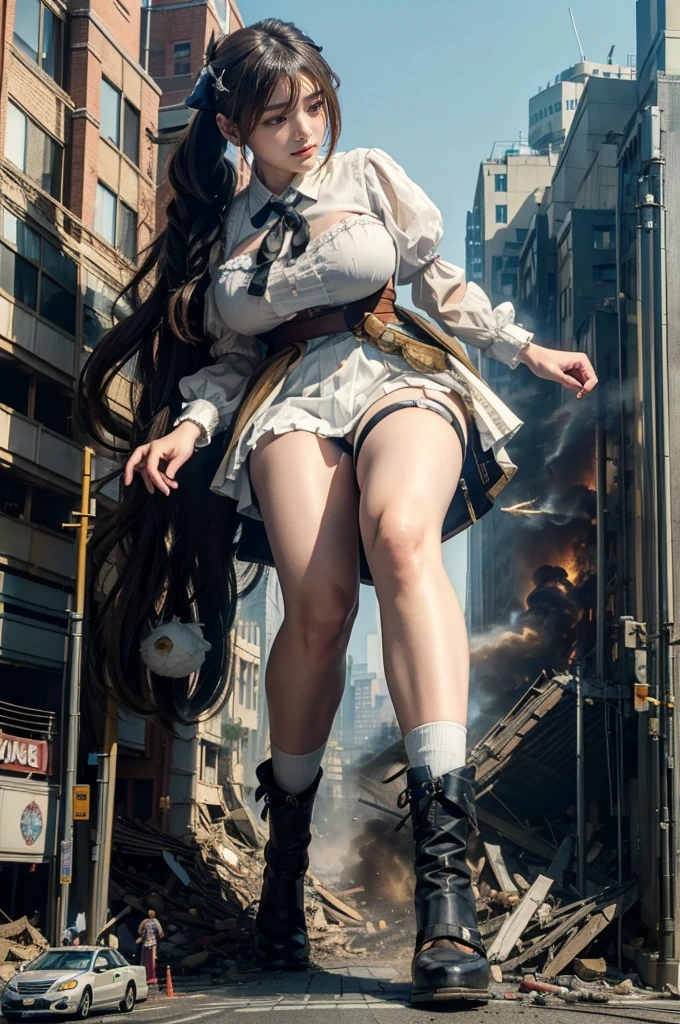Fisheye Lens、looking at the camera、steampunk、Standing on top of a ruined building、Big building explosion、The building collapses、Urban hustle and bustle、Traffic jam、City of Rubble、street tree、Car and bus、truck、taxi、City boulevard、Pedestrian bridge、Streetcar route((((Azur Lane Cheshire Cosplay))))、Frilled maid outfit、(((Super huge breasts)))、(((Plump thighs)))、Ground View,City of Giants,500 foot tall giant girl,skyscraper,Has super long legs,Step into the crowd,There are many people on the street,Knee-high socks,A happy look,Standing on the ruins,Beautiful appearance,Exquisite makeup,quality,8k,高quality,Perfect Proportions, Cinema Lighting,Film Grain,The Colors of Fuji,8k,Textured skin,Super Detail,High detail,high quality,High resolution,explode,False Smile、Reaching out