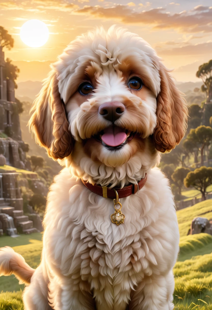 `an cavapoodle in a kingdom with the sun in the background, high definition, rich in details`  