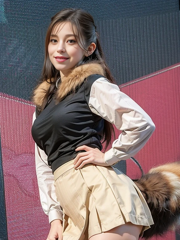 ((Highest quality, 8k)), ((masterpiece)), (Highest Resolution), Perfect Face, Fox Woman, Beautiful woman, public, Has one tail, She has thick thighs, a large tail, She has a fox tail, She wags her tail, smile, fur collar, she is wearing a short skirt, Beautiful Hips, A fox tail sticking out from her skirt