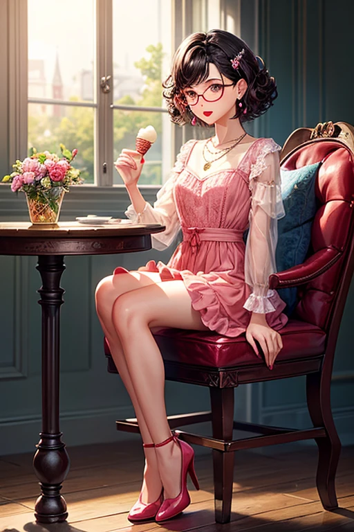 A beautiful character with small round transparent glasses, well made-up with red lipstick, brown eyes, short curly black hair, earrings, a necklace, a pink lace outfit, high heels, sitting in a. A flowery square chair in a beautiful place with an ice cream in your hands