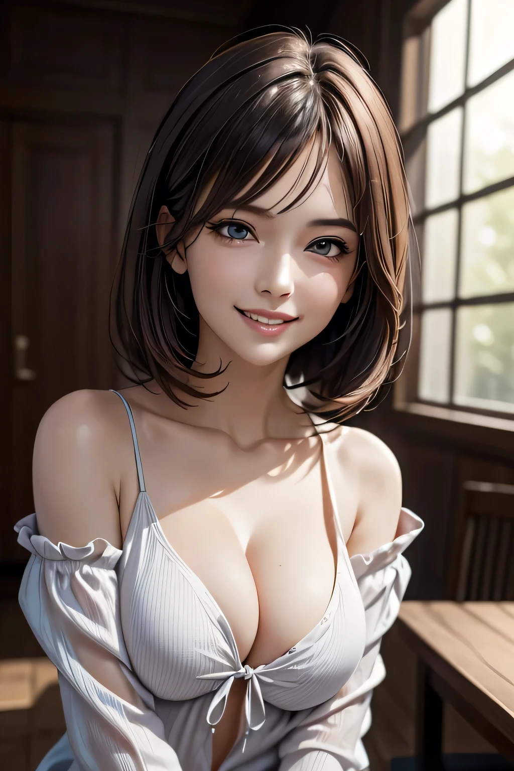 ((Realistic Light, Highest quality, 8k, Tabletop: 1.3)), 1 girl, (Orgasm Facial), Slim body beauty: 1.4, Brown Hair, (Orgasm Facial), (((Extra Large: 1.3)), Off-the-shoulder cut top: 1.3, Highly detailed face, fine grain, double eyelid, My Room, smile, Cleavage, Saggy breasts, (((beauty of Saggy breasts))