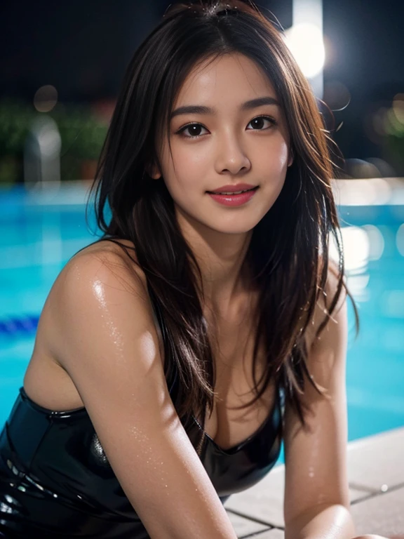 Latex bodysuit、Knee-high boots、Huge 、Long brown hair、Shiny, Oily skin、Glowing Skin、Indoor competition pool、White skin、 Body Portrait, 8k, Narrow and beautiful eyes, Dindal effect, masterpiece, 最high quality, high quality, High resolution, Very detailed photos, (Natural skin texture, Fine skin, Hyperrealism, Ultra Sharpness) , Skin with attention to detail, (Very fine, Fine skin texture, Intricate details, Beautiful Face, (A vivid face), Realistic eyes, Beautiful and detailed, Realistic Skin, Beautiful Skin, surreal, Very detailed, Golden Ratio, Smiling Eyes, ((Night moonlight background)), Body Portrait, glamorous, Shiny Bodysuit