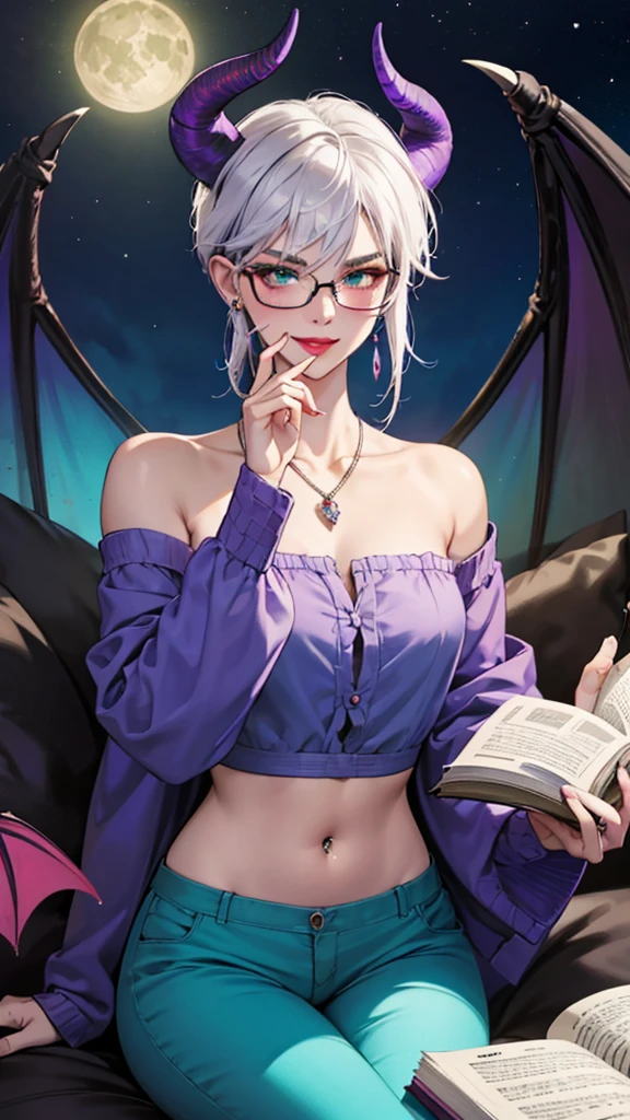 8k, masterpiece, best quality, highly detailed, 1 girl, tiefling, warlock, multicolored hair, very short straight hair green highlight hair on white hair, strippled hair, wearing glasses, round glasses, earrings, navel piercing, pajamas, red eyeshadow, long eyelashes, blushed cheek, red lips, necklace, rings, collarbone, mole, glamorous, teal clothing, purple clothes, smirk, close up view, rings, looking at viewer, demon horns, solo, nightmarish landscape, blue pale moon, sitting, holding devil books