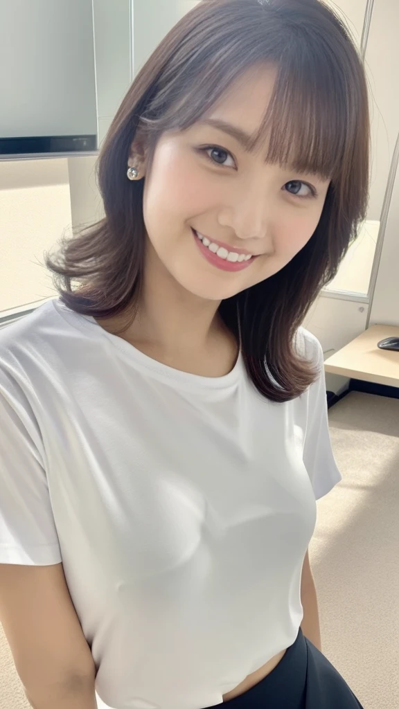 masutepiece, Best Quality, Photorealsitic, finely detail, hight resolution,beautiful japanese woman,beautiful detailed eyes, beautiful detailed lips, extremely detailed face, small head, small areola, cinematic lighting, photorealistic, 8k, high quality, hyper detailed, look at me,smile,(white t-shirt:1.4),(office),(big breasts:1.2),(inoueseika),slender,beautifull legs,(sexy posing:1.2), (bokeh:1.3), (upper body),(mini skirt), (tight fit:1.1),(nipples stand:1.2)