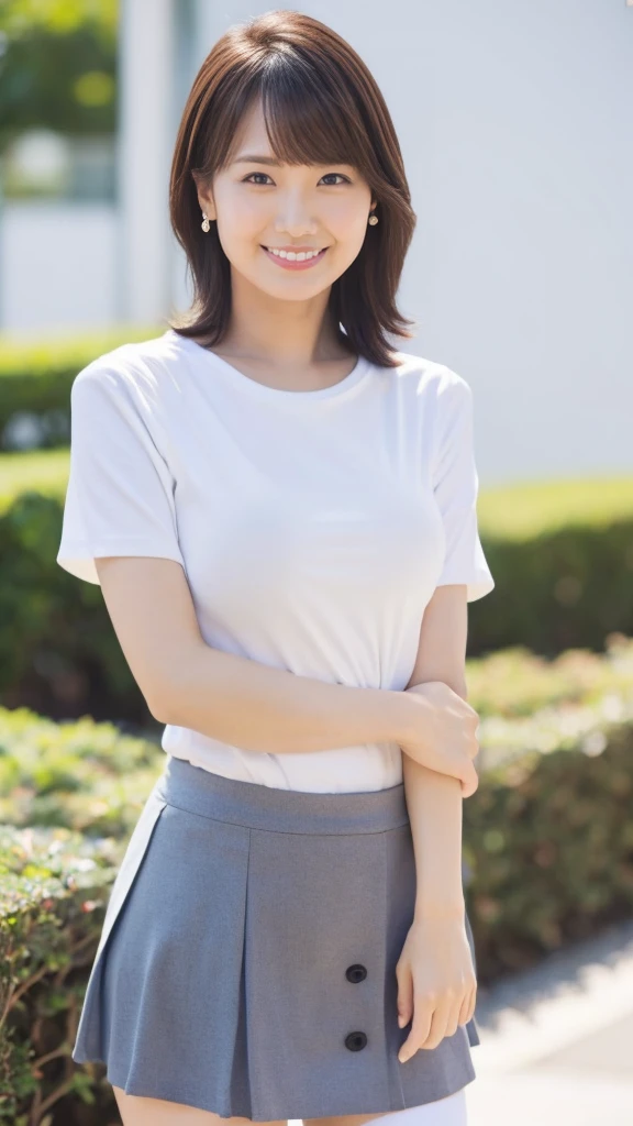 masutepiece, Best Quality, Photorealsitic, finely detail, hight resolution,beautiful japanese woman,beautiful detailed eyes, beautiful detailed lips, extremely detailed face, small head, small areola, cinematic lighting, photorealistic, 8k, high quality, hyper detailed, look at me,smile,(white t-shirt:1.4),(office),(big breasts:1.2),(inoueseika),slender,beautifull legs,(sexy posing:1.2), (bokeh:1.3), (upper body),(mini skirt), (tight fit:1.1),(nipples stand:1.2)