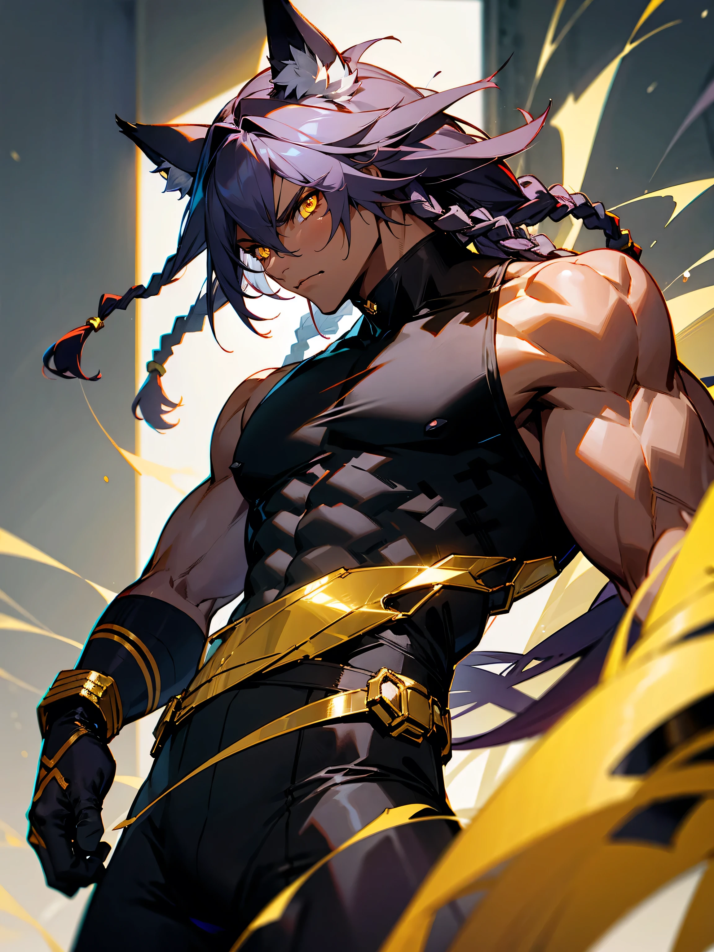 1male, darkskin, dreads, tank top, lean build, gold eyes, black super suit, wolf ears, serious, gloves