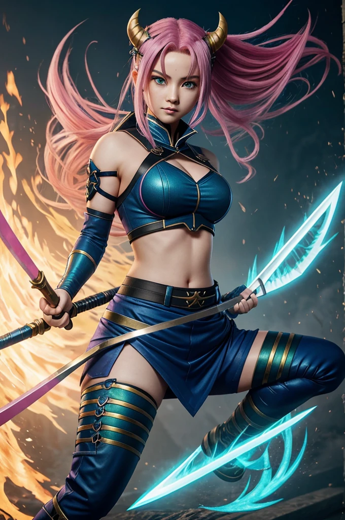 demon hunter, Kimetsunoyaiba, blue uniform pants with openings on the sides, pink hair with watery tips that reaches shoulder length, mixed left light blue and right green eyes, medium breasts, wasp waist, little plump thighs, She holds a golden scythe larger than her with blades at both ends.