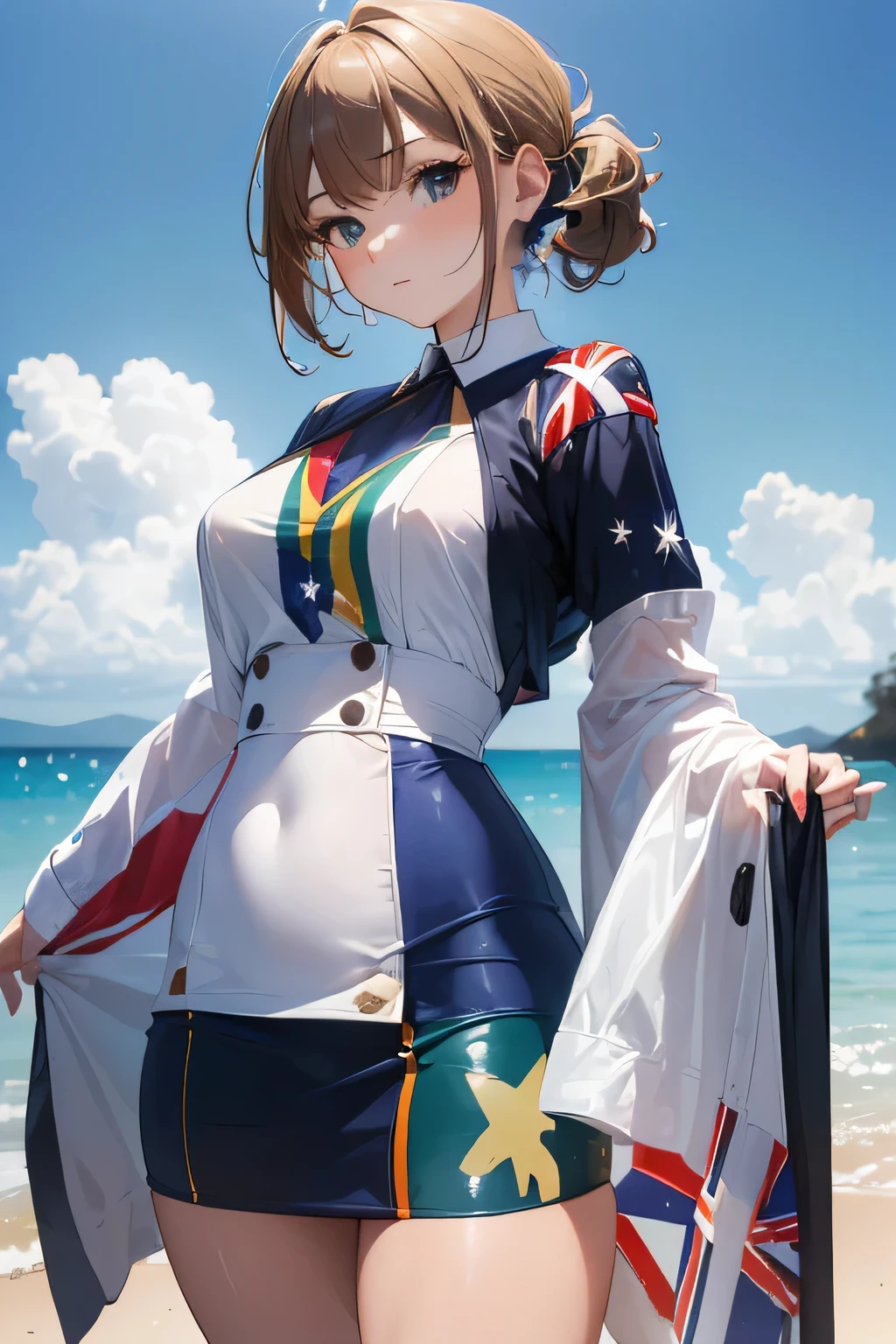(((Australian flag-inspired outfit:1.3))),(((Woman in men's clothing:1.3))),(Federation Star),(masterpiece,Highest quality,Ultra-high resolution output images,Write boundary depth,Intricate details,Adding dimension to your subject with the contrast of light and shadow,Anatomically correct facial structure),(Picture Mode Ultra HD,)