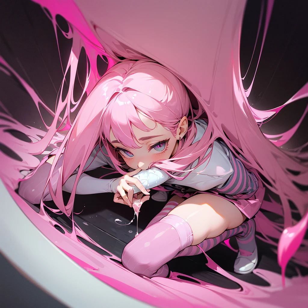 ((Best quality)), ((masterpiece)), (detailed), perfect face, Full length man in a pink skirt, and kneeling on the ground in pink and black striped thigh-high socks, eyes averted, hands away from mouth, and an open face, covered with sperm, while sucking dick through a glory hole in a toilet stall

