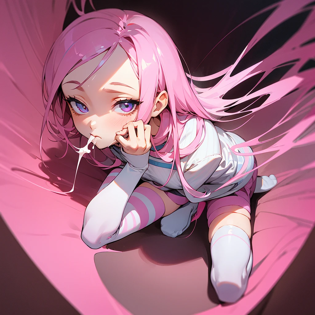 ((Best quality)), ((masterpiece)), (detailed), perfect face, Full length man in a pink skirt, and kneeling on the ground in pink and black striped thigh-high socks, eyes averted, hands away from mouth, and an open face, covered with sperm, while sucking dick through a glory hole in a toilet stall