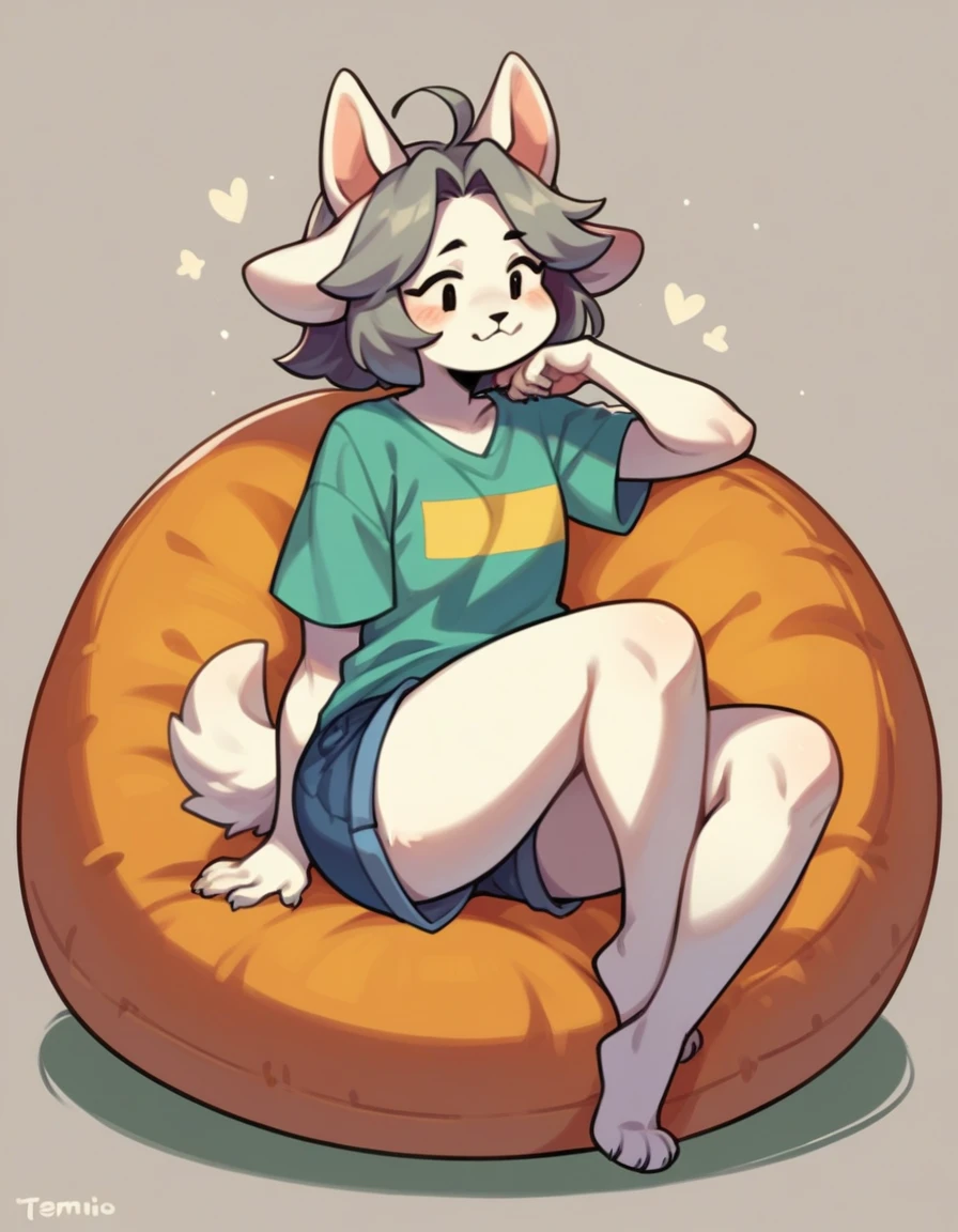 score_9,score_8_up,score_7_up, source_anime, temmie from undertale, Anthro girl, short silver grey hair, white furry body, canine girl, floppy white ears, wearing shirt, shorts, barefoot, feet paws four toes, sitting on a beanbag chair, playful pose 