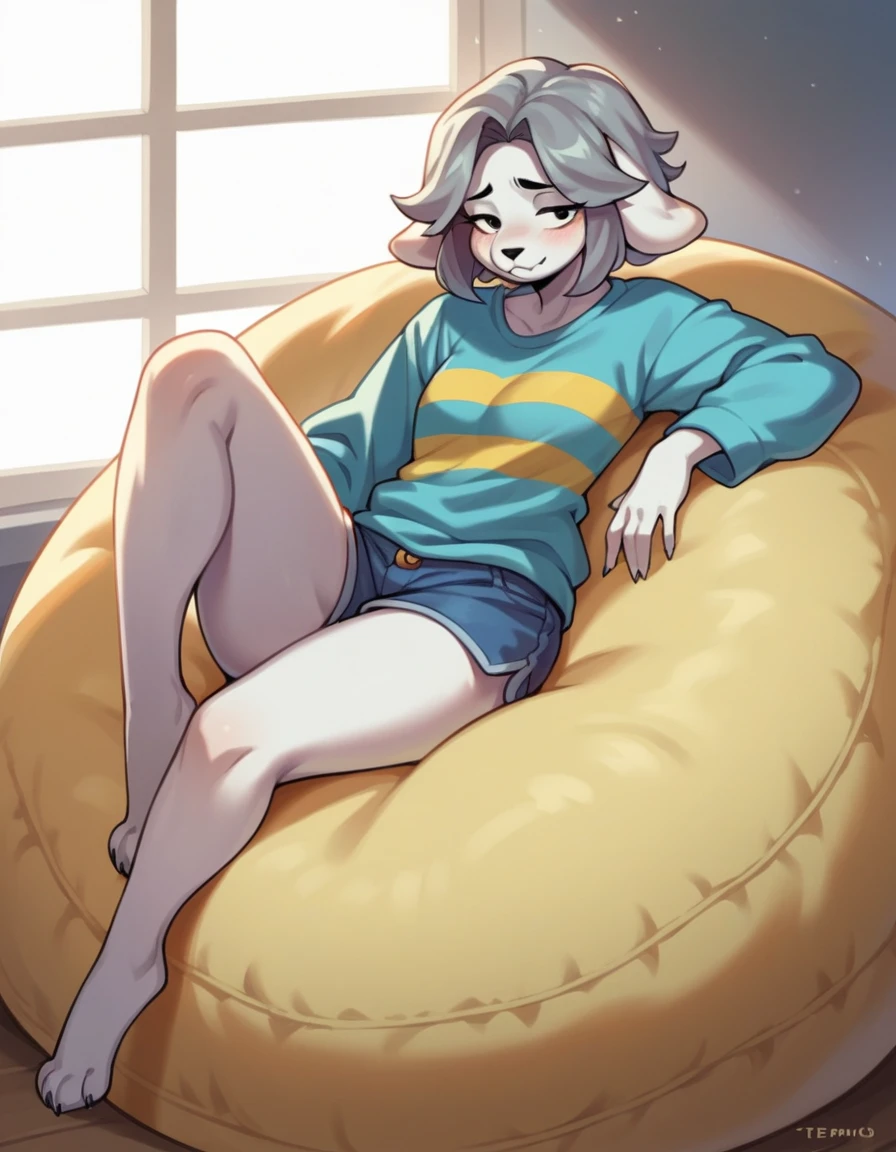score_9,score_8_up,score_7_up, source_anime, temmie from undertale, Anthro girl, short silver grey hair, white furry body, canine girl, floppy white ears, wearing shirt, shorts, barefoot, feet paws four toes, sitting on a beanbag chair, playful pose 