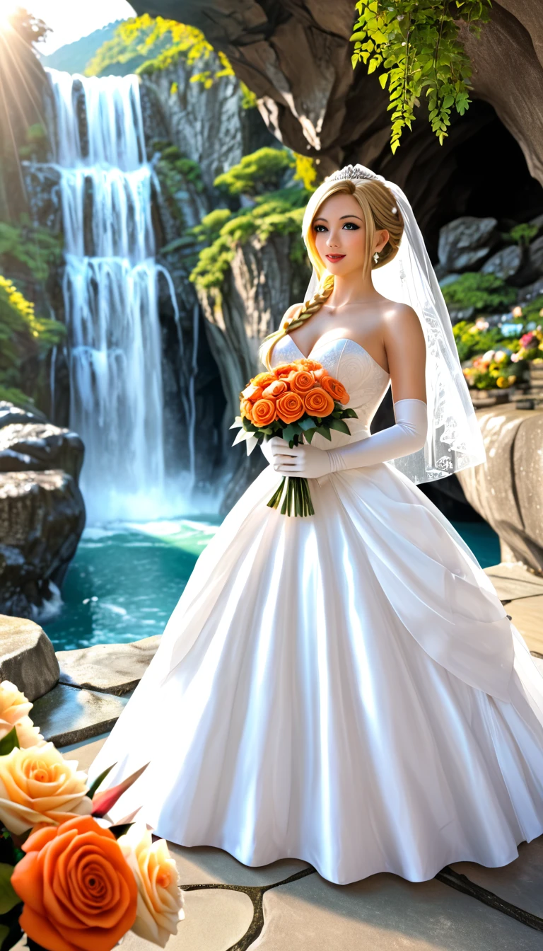 (High quality, masterpieces), One Japanese young woman standing in front of great waterfall, Wedding dress, Wedding veil, Holding orange rose bouquet with her hands, Blonde braid hair, Beautiful face, White wedge heels, White long gloves, Dazzling sunlight, cave with waterfall