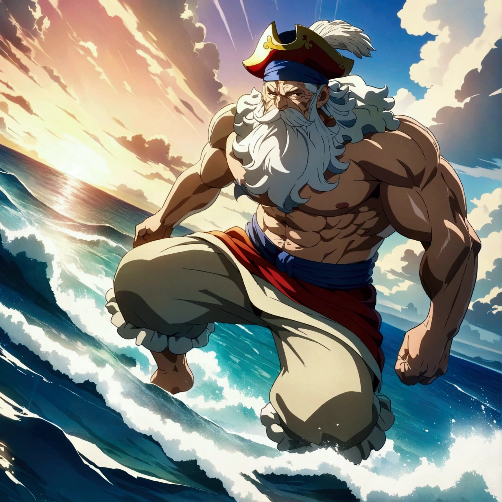 Old man,muscular and defined body,pirate captain outfit,sea scenery,"Anime design inspired by One Piece,dynamic angle,divine proportion,highly detailed,sharp focus,2D anime resolution clarity,detailed scenery,HD anime graphics,intricately detailed,highly detailed,superior quality,high octane rendering,ultra hd --niji 5"