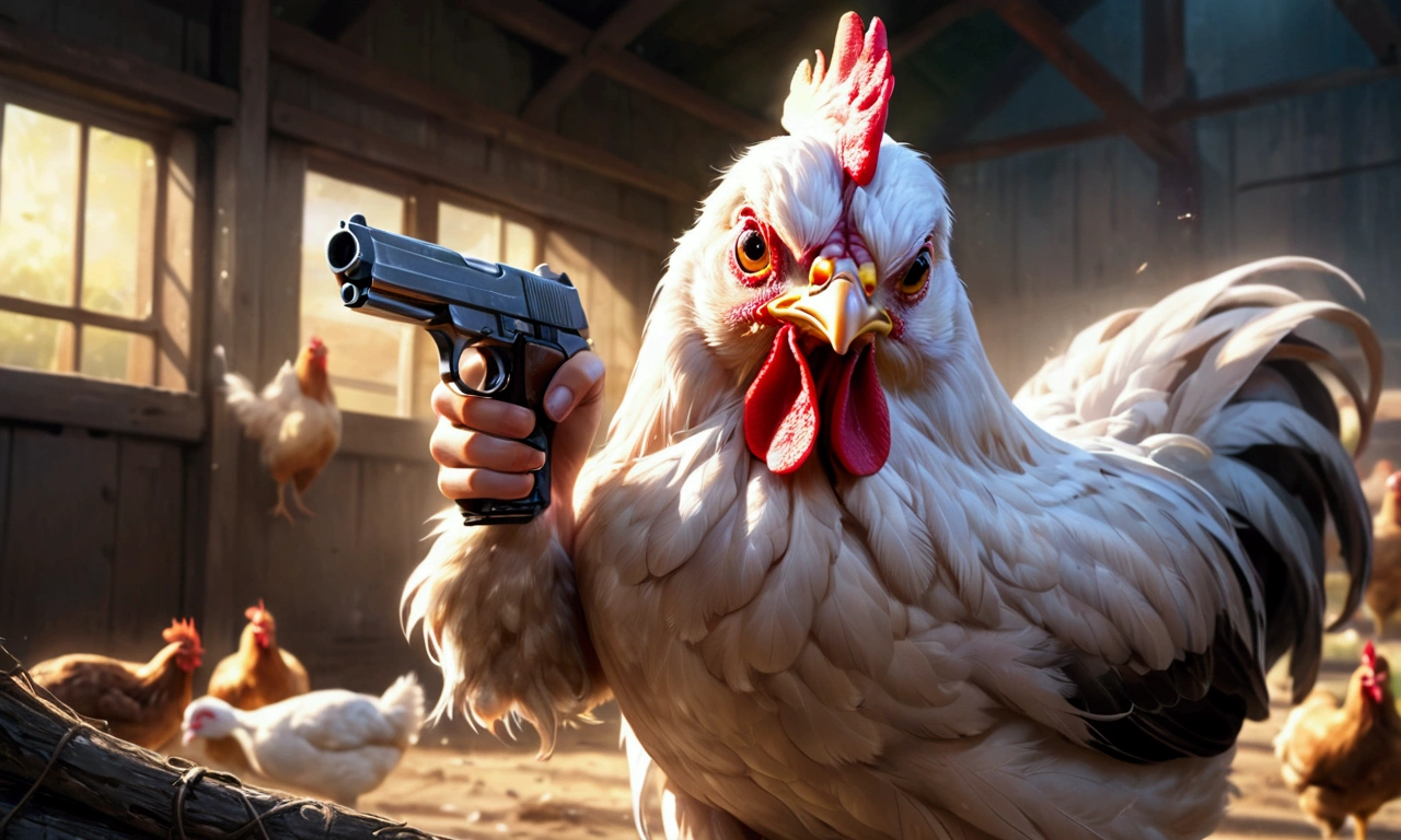 an angry hen with a pistol in her hand, hen has human-style hand but they are look like then hen skin, the environment is a farm, enemies are surrounded the hen, enemies are hens and cats.